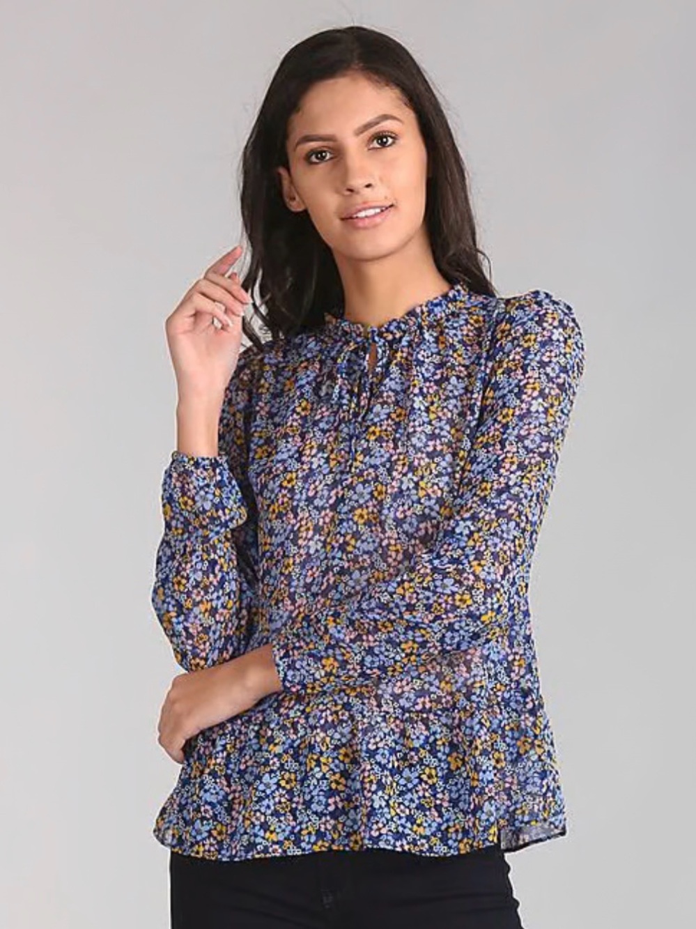 GAP Blue Floral Peplum Blouse with Ruffle Collar